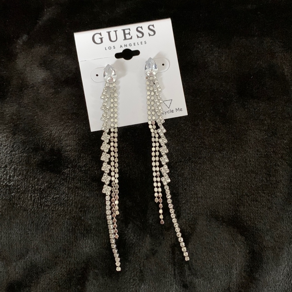 Guess Earrings diamond paved crystal drops tassels silver tone